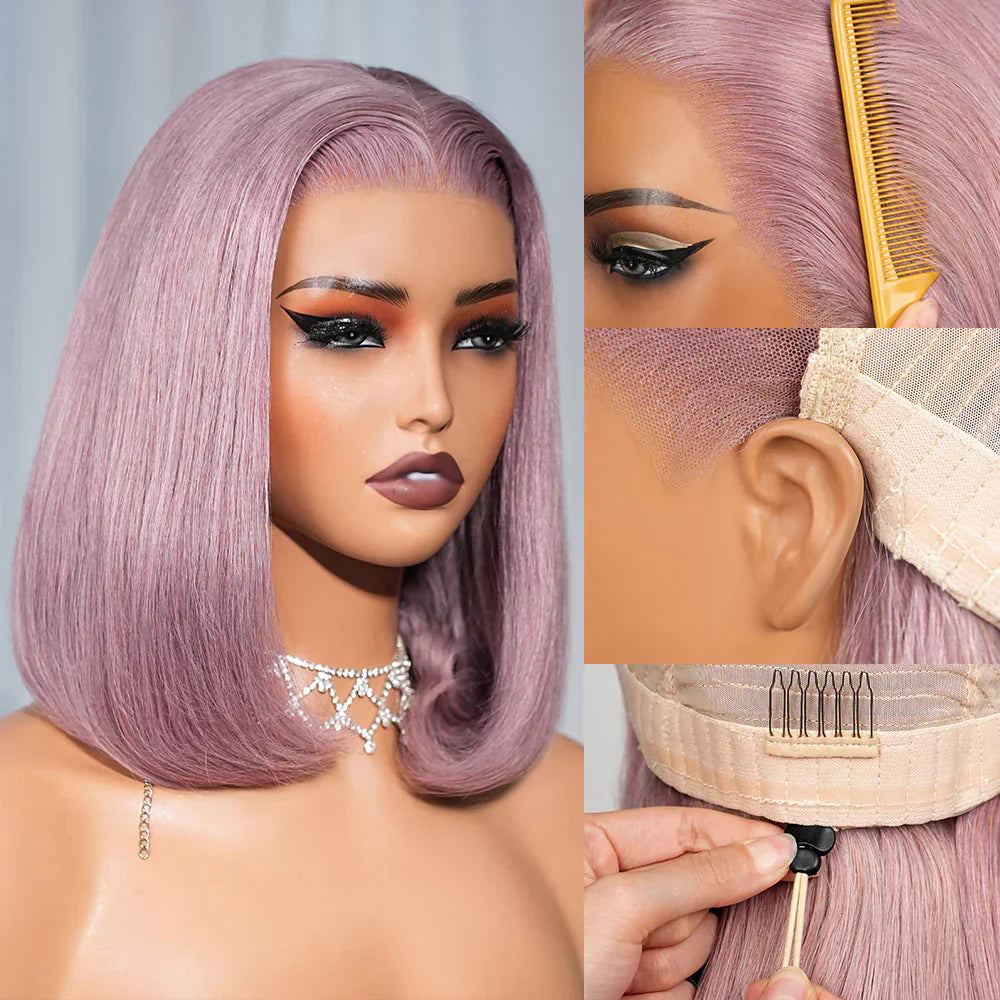 13x5 Pre-Everything Glueless Ash Purple Straight Bob with Invisible Knots